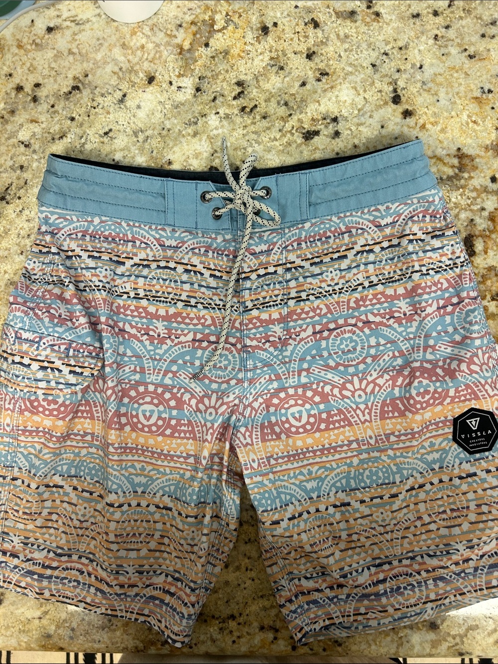 VISSLA Pastel Aztec Stripe Swim Shorts in Blue, Pink & Yellow